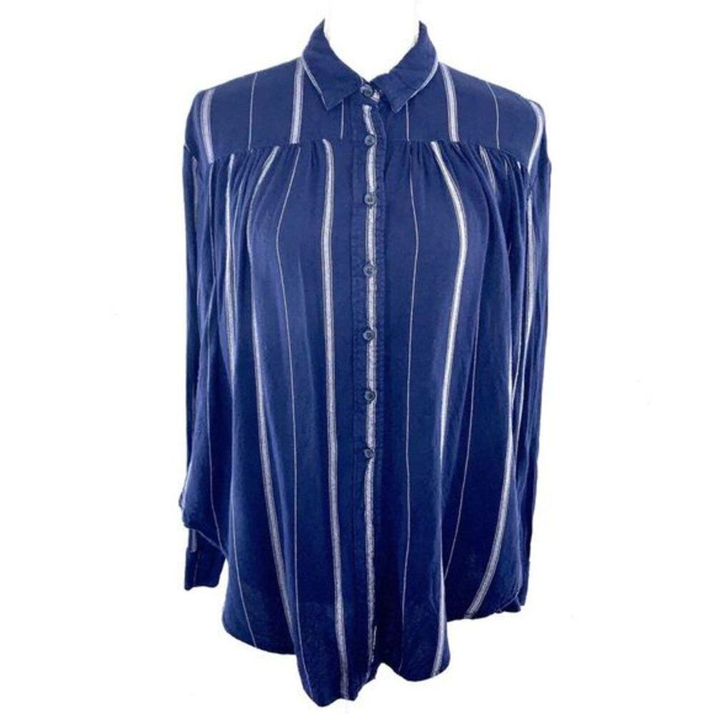 BDG URBAN OUTFITTERS Navy Stripe High Low Flannel Shirt‎ Size S White Smocked